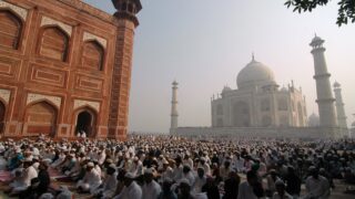 Muslims offer prayers during Eid al-Adha at the historic Taj Mahal in the northern Indian city of Agra