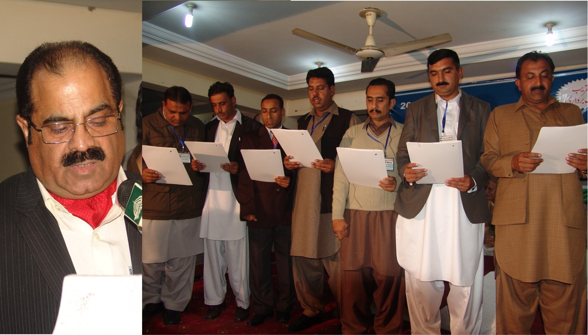 سینئر وزیر چودھری یاسین کشمیر پریس کلب کے عھدیداران سے حلف لیتے ہوئے