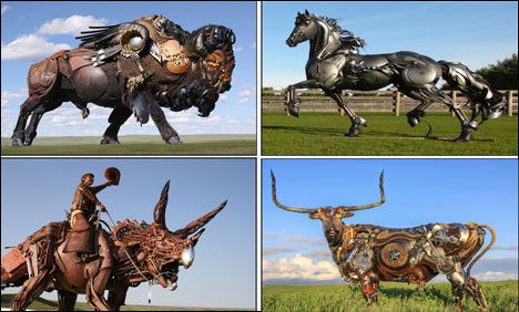 پرانی گاڑیوں اور ناکارہ پر زہ جات سے تیار کردہ منفرد مجسمے