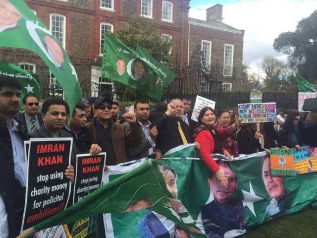 مسلم لیگ (ن) کے کارکنوں کا عمران خان کی سابق اہلیہ جمائما کے گھر کے باہرمظاہرہ