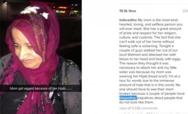 امریکہ: باحجاب خاتون پر انڈوں کی بارش، بیٹے کا احتجاج